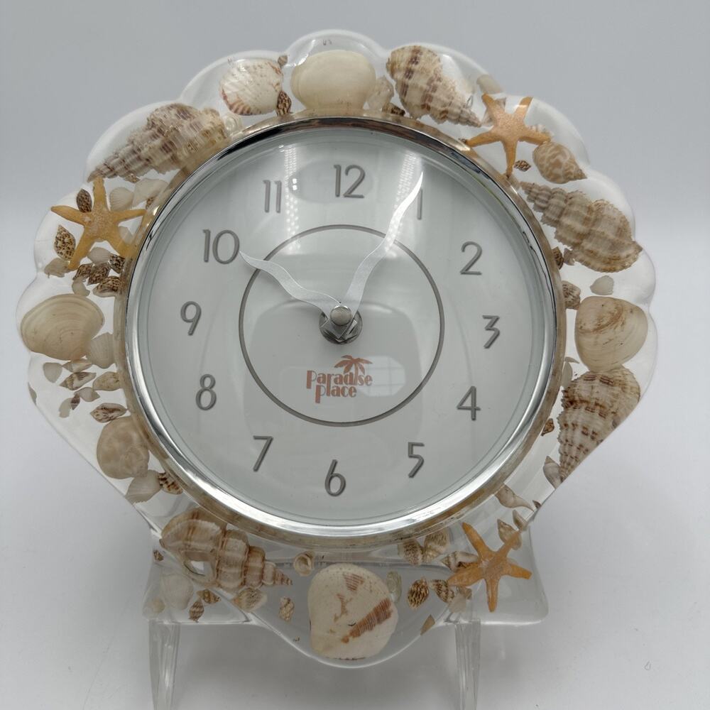 Shell Shaped Lucite Clock Embedded Seashell Wall Hanging Paradise Place